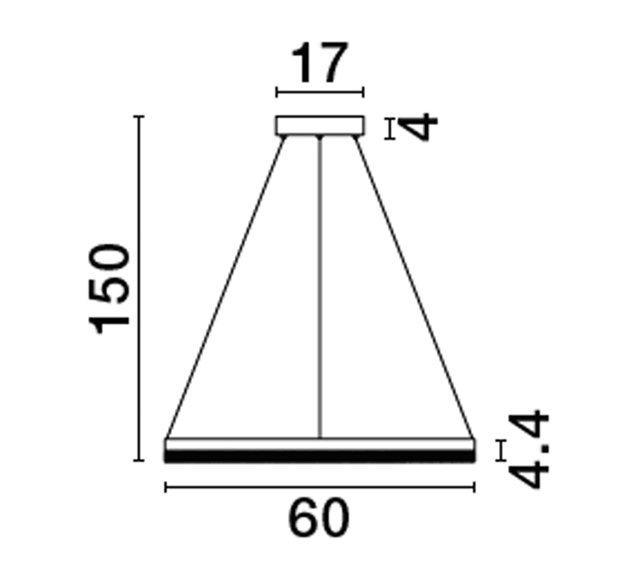 Schéma de dimensions du luminaire : hauteur 150 cm, diamètre 60 cm, rosace 17 cm.