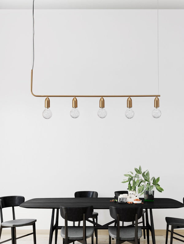 Suspension Veda 5 lumières laiton, verre, L 128 cm