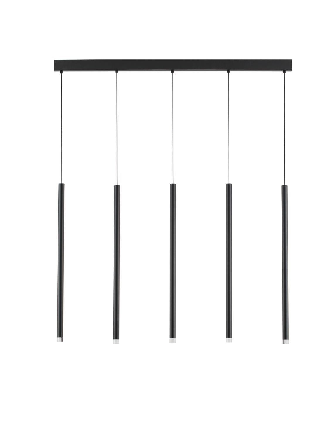 Produit de face sur fond blanc, barre horizontale et cinq tubes noirs suspendus