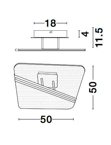 Schéma de dimensions du plafonnier 50 cm, hauteur 11,5 cm et base 18 cm