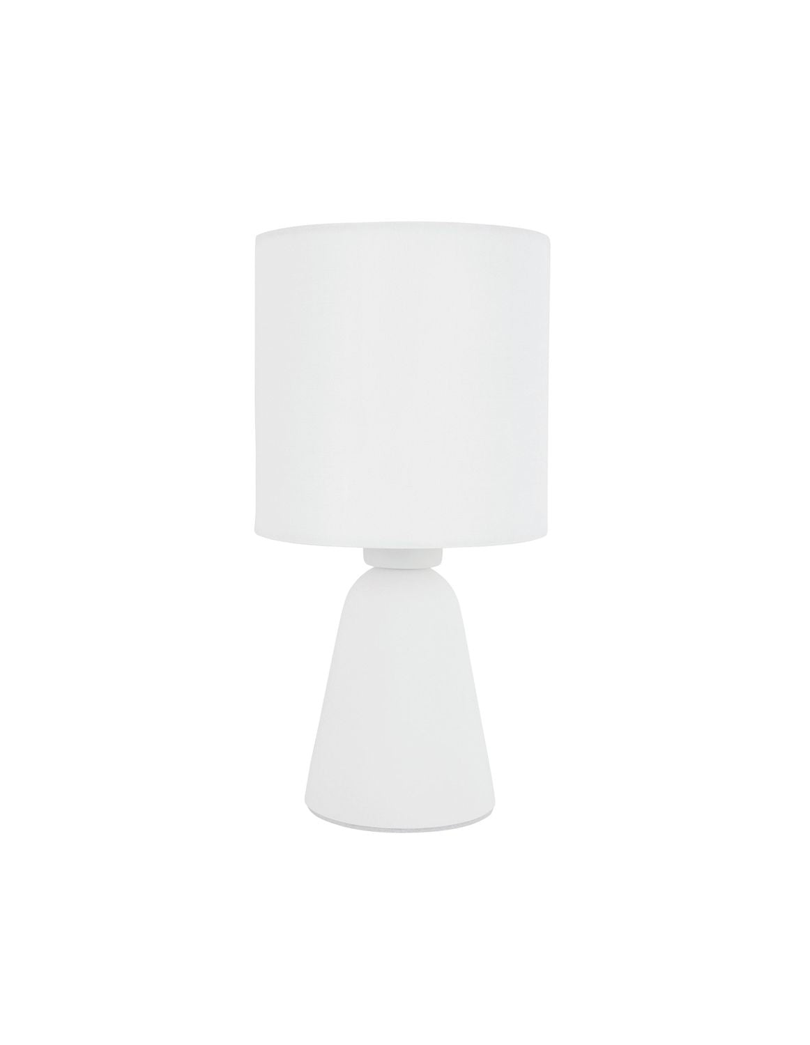 Lampe à poser blanche de face, abat-jour cylindrique et base conique