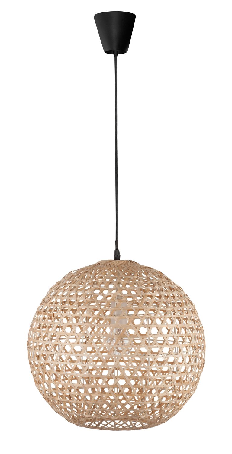 Vue de face du luminaire entier, crosse noire et longue suspension textile