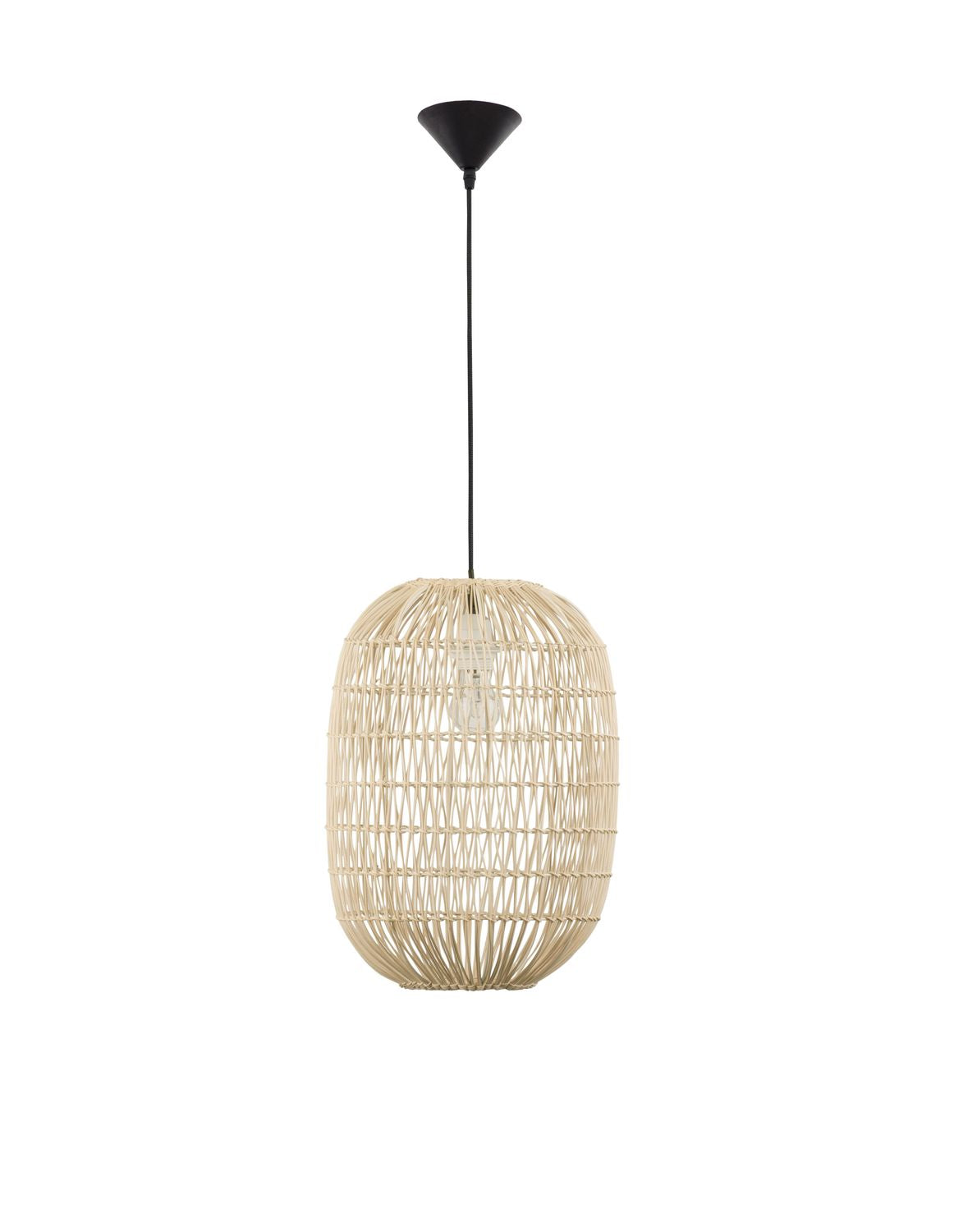 Vue entière du luminaire avec rosace noire au plafond et câble de suspension.