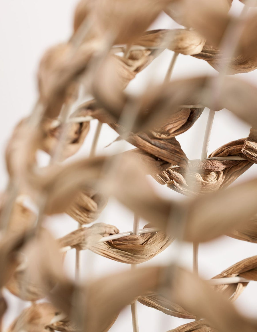 Détail macro du tissage en fibres végétales torsadées formant la coque