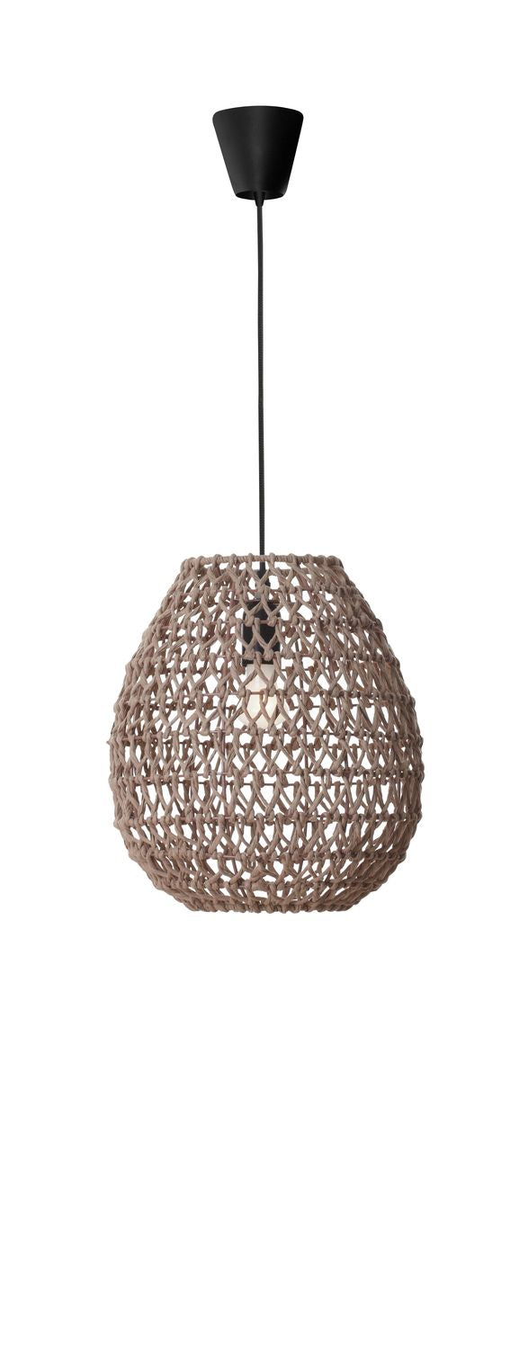 Vue de face du luminaire sur fond blanc, coupelle noire et câble apparent