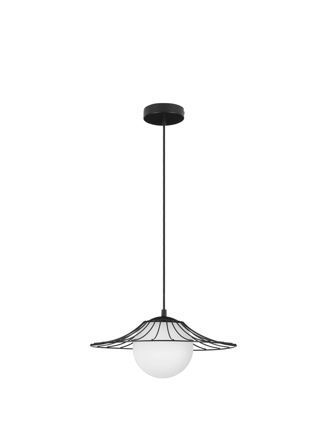 Vue de face du luminaire suspendu avec câble, rosace noire et abat-jour ajouré