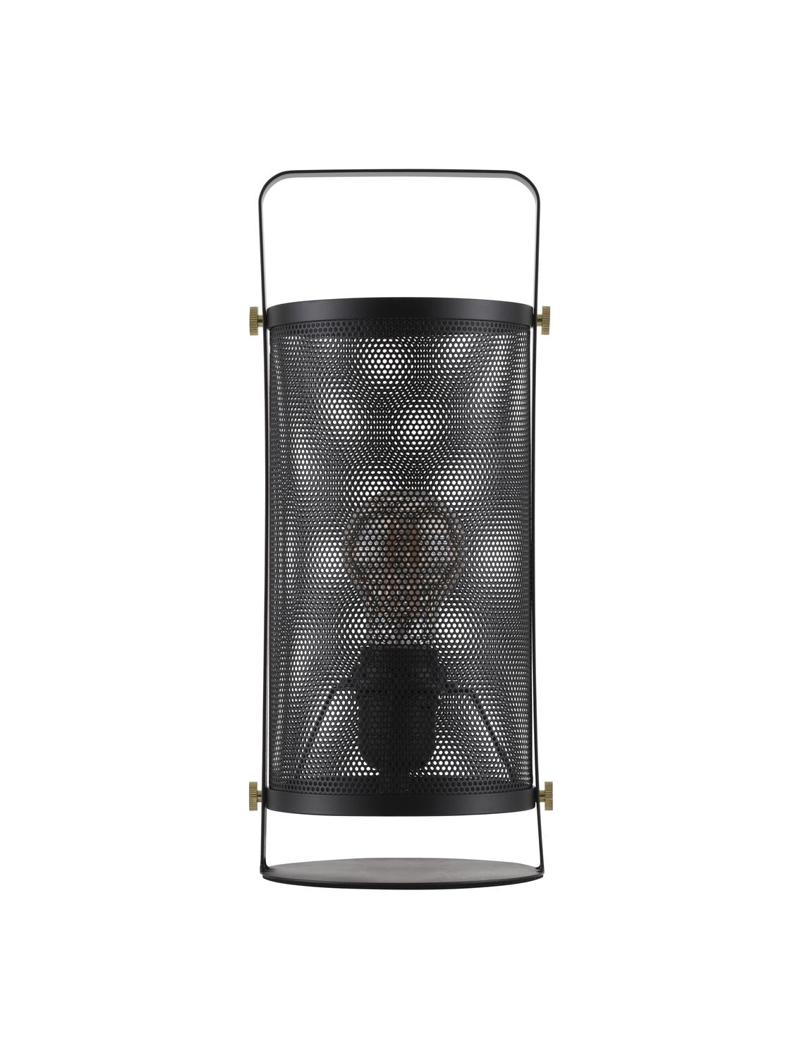 Vue de face du luminaire sur fond blanc, abat-jour cylindrique en métal perforé noir