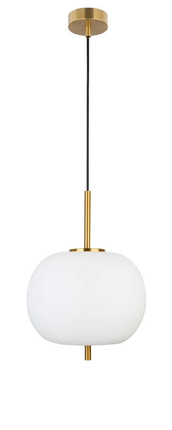 Vue de face du luminaire suspendu, câble noir et rosace dorée visibles
