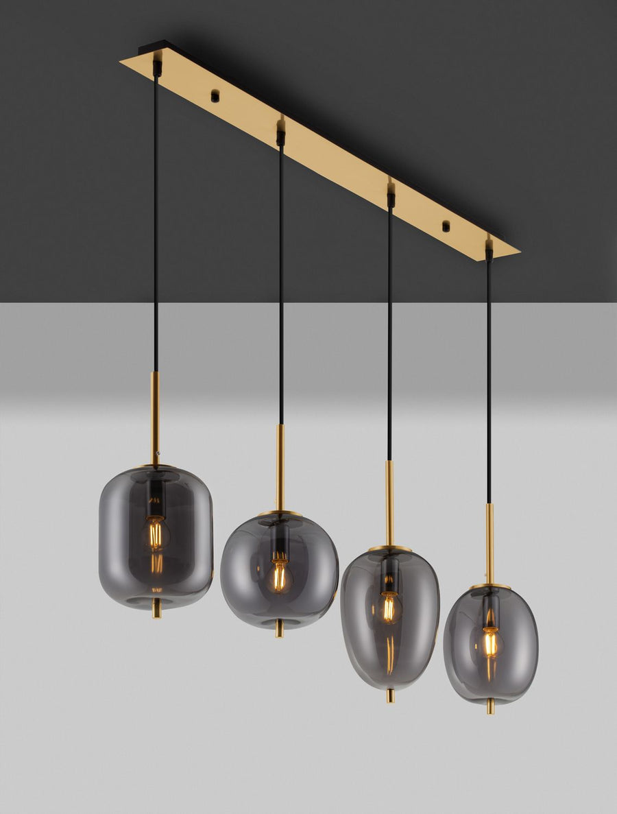 Luminaire allumé, verre fumé transparent et ampoules dorées visibles