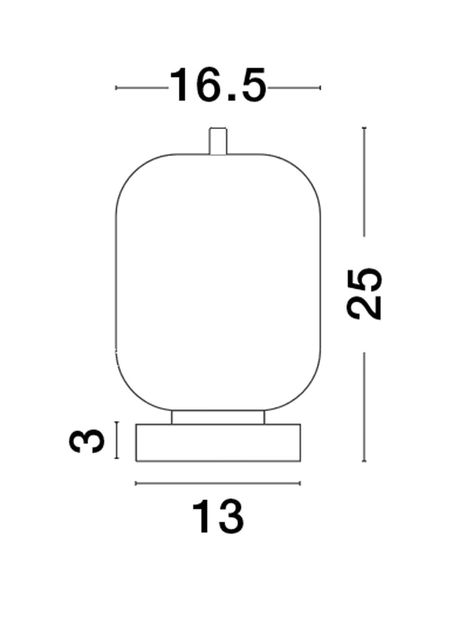Schéma coté du luminaire : largeur 16,5 cm, hauteur 25 cm, base 13 cm.