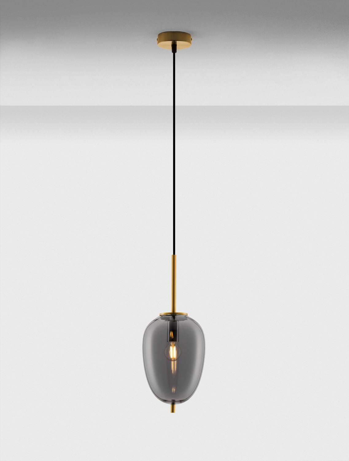 Suspension éclairée vue de face, rosace et câble apparents, verre fumé et reflets dorés.