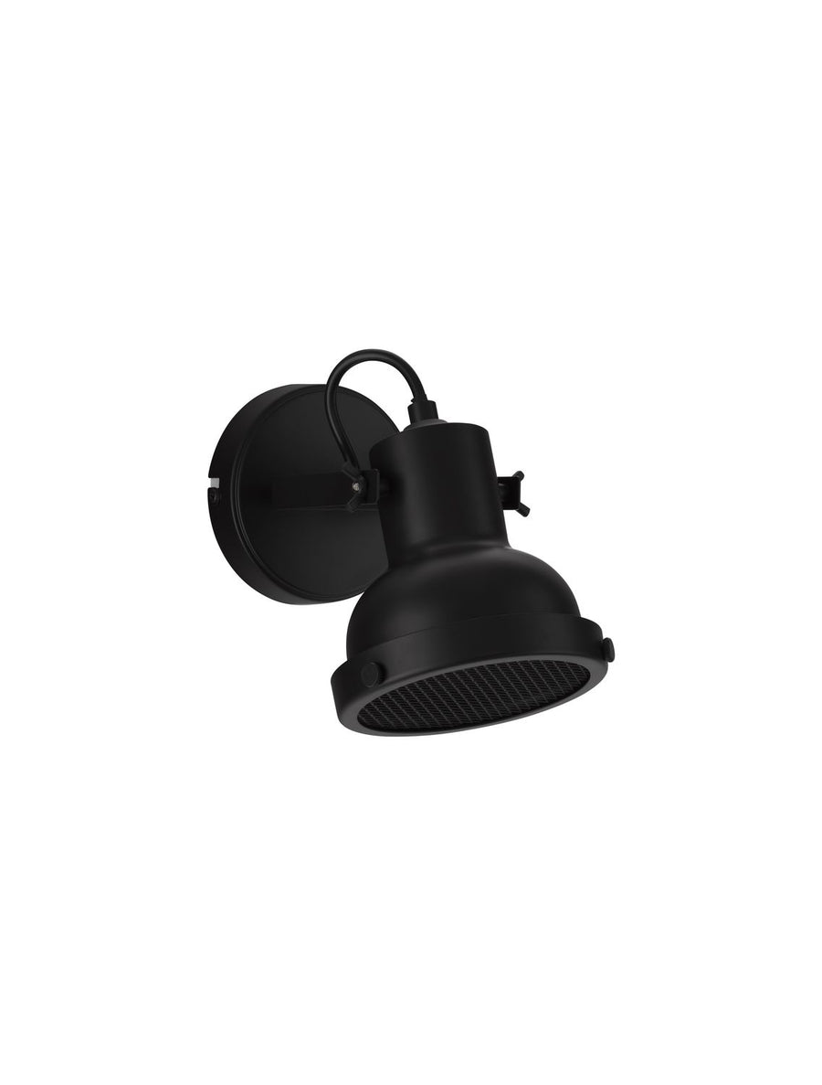 Vue de face du luminaire noir éteint dévoilant sa grille circulaire