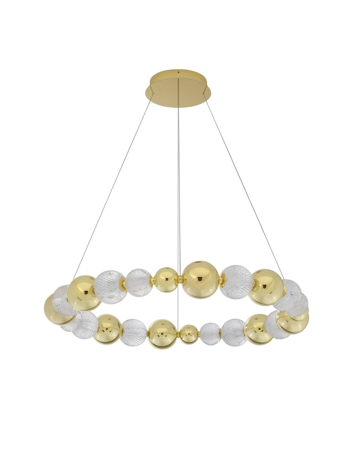 Vue de face du luminaire sur fond blanc, dévoilant la bague de sphères dorées