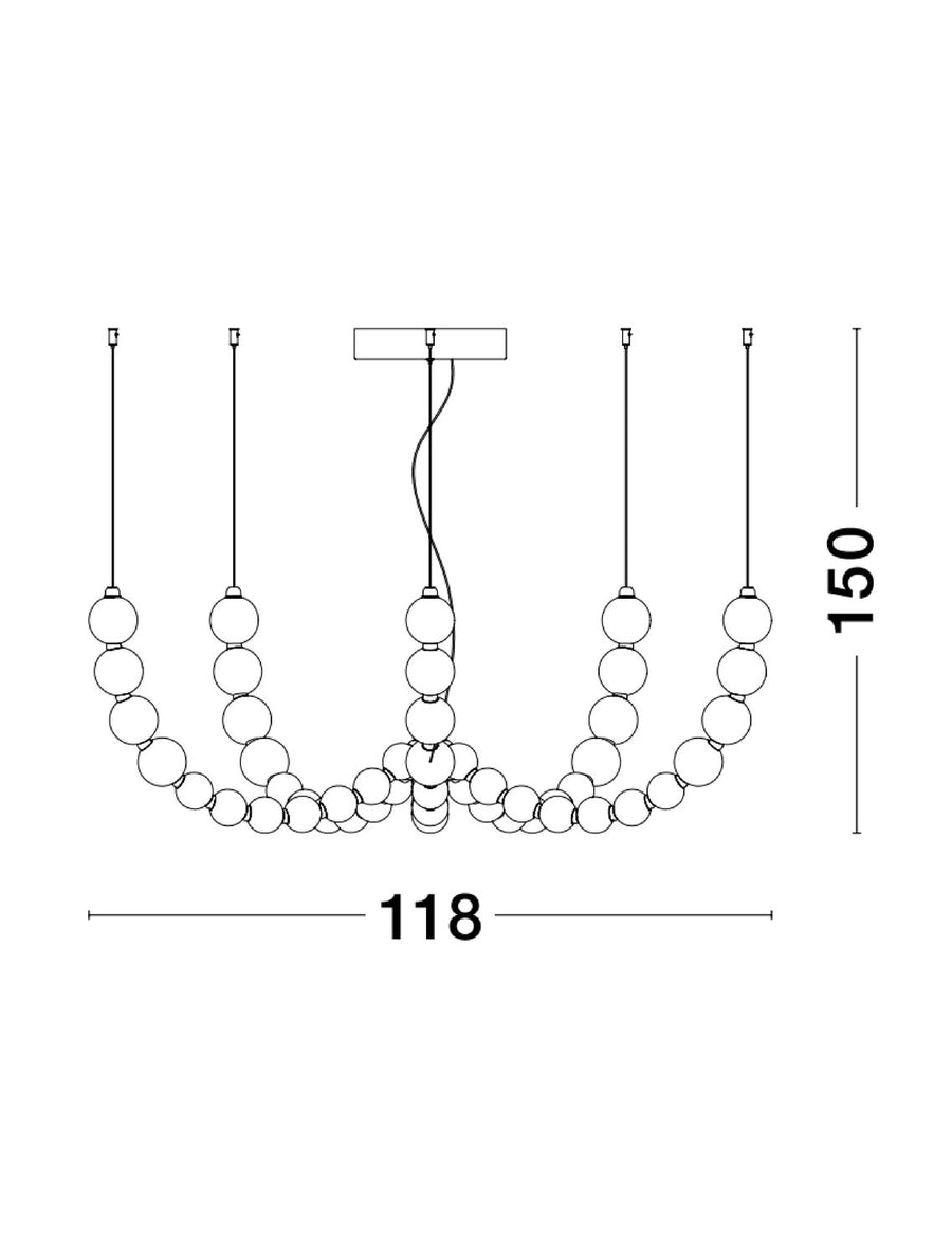 Schéma technique coté montrant la hauteur de 150 cm et la largeur de 118