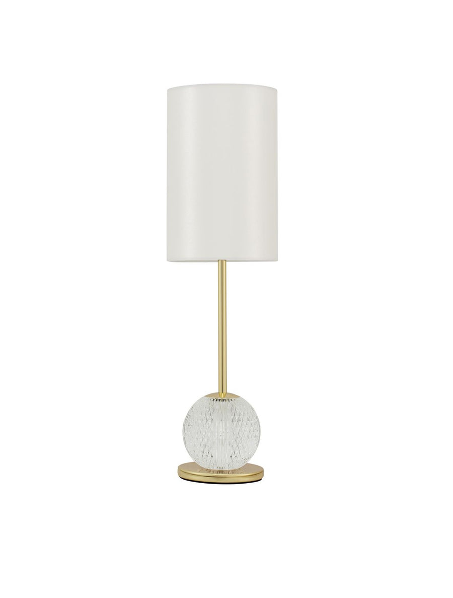 Vue de face du luminaire sur fond blanc, abat-jour cylindrique et base boule