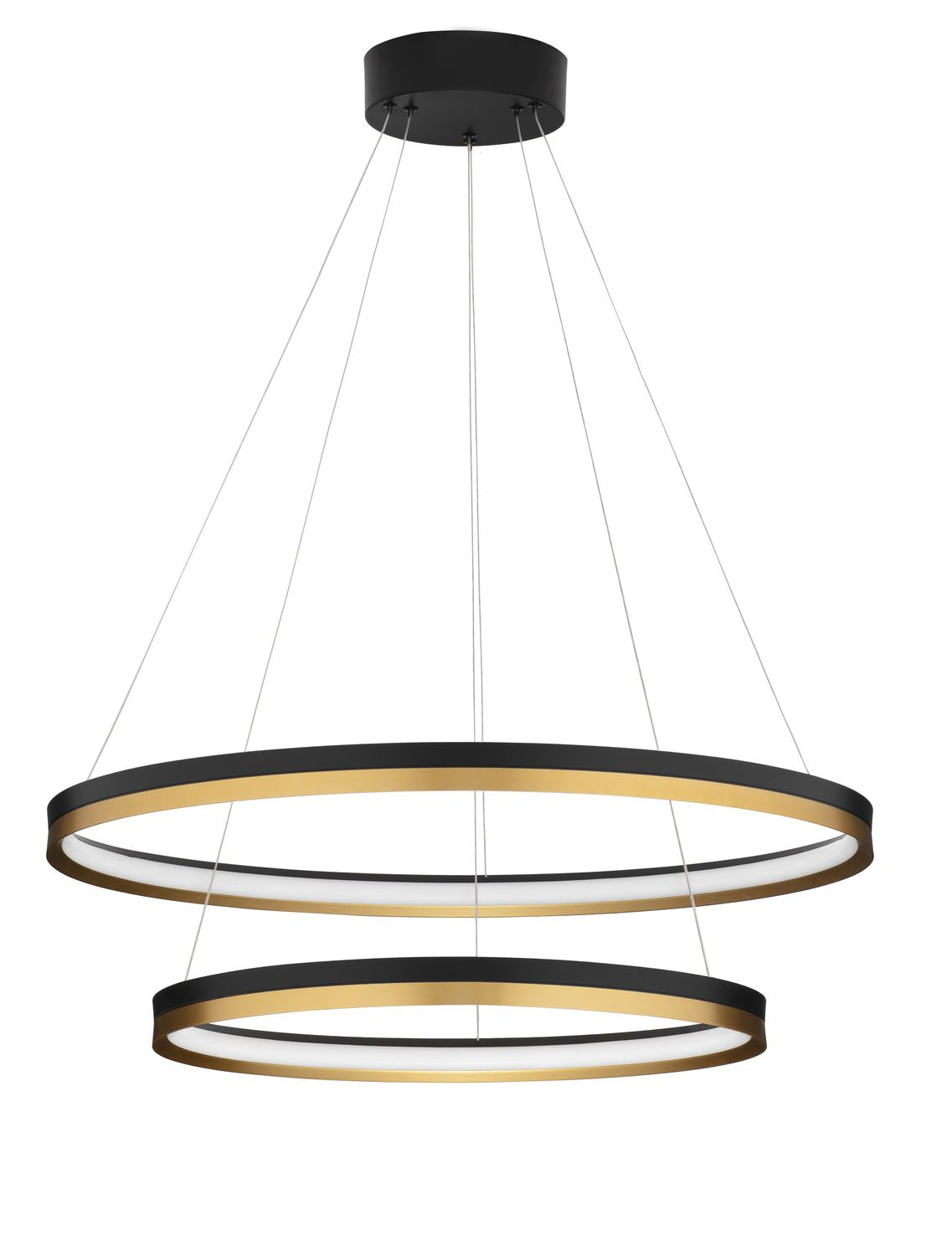 Vue de face du luminaire deux anneaux suspendus sur fond blanc