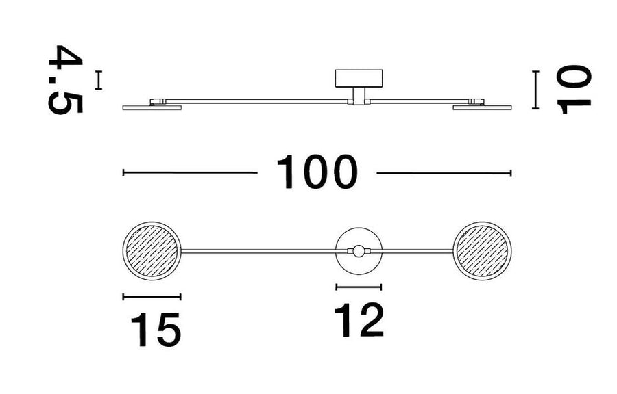 Schéma technique coté : longueur 100 cm, disques de 15 et 12 cm