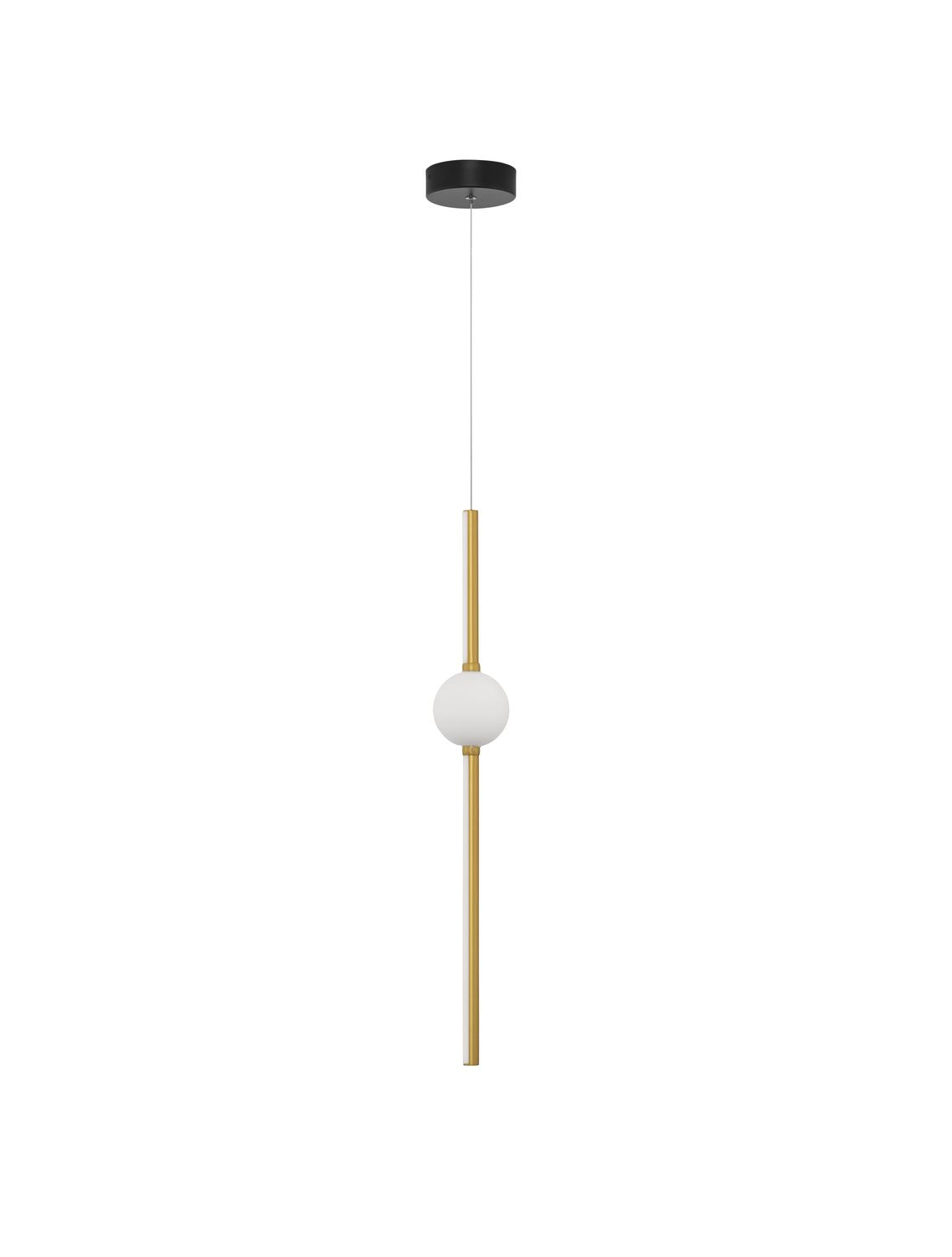 Vue entière du luminaire suspendu avec câble noir, tige dorée et sphère blanche.