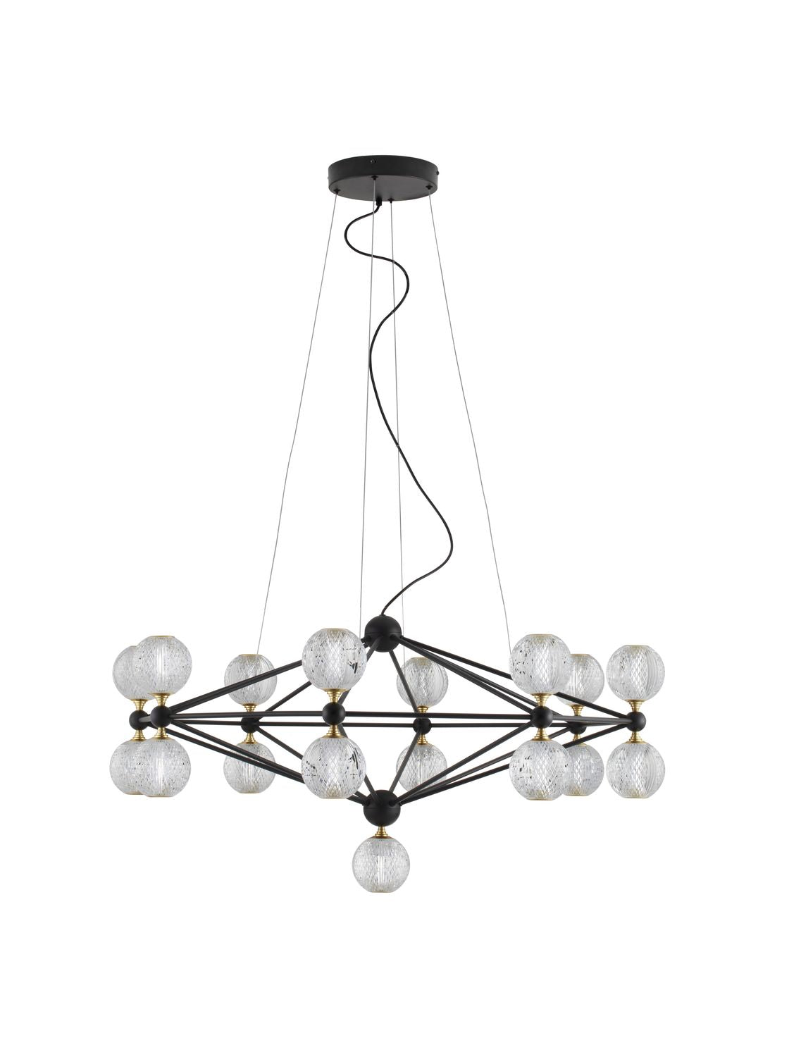 Produit présenté de face sur fond blanc, structure noire et globes transparents