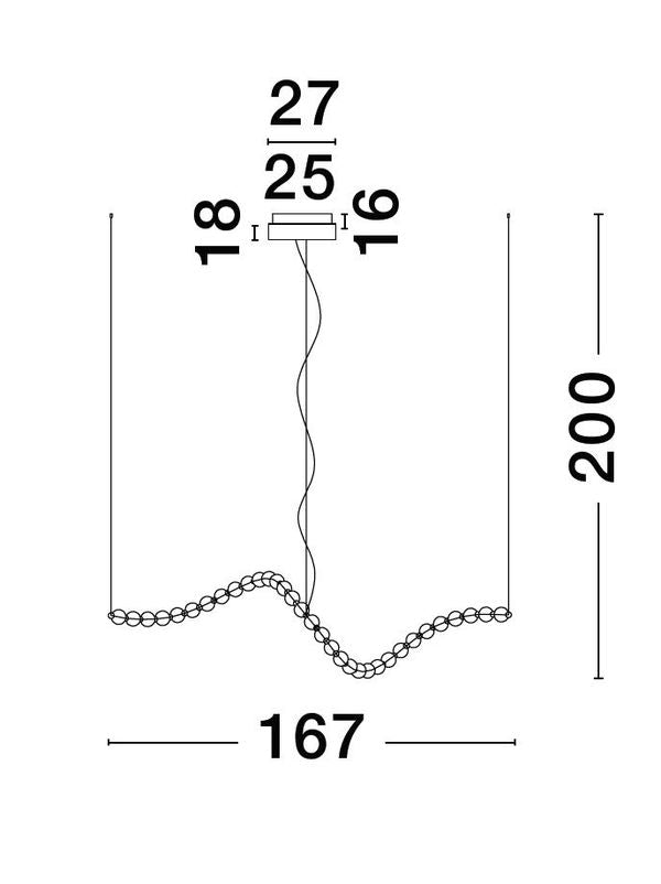Schéma coté du luminaire : hauteur 200 cm, largeur 167 cm, socle 27 cm.
