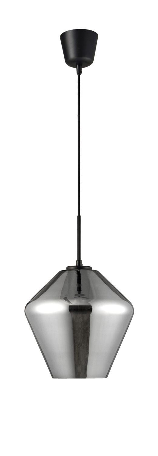 Vue de face de la suspension noire avec son câble et son abat-jour en verre fumé