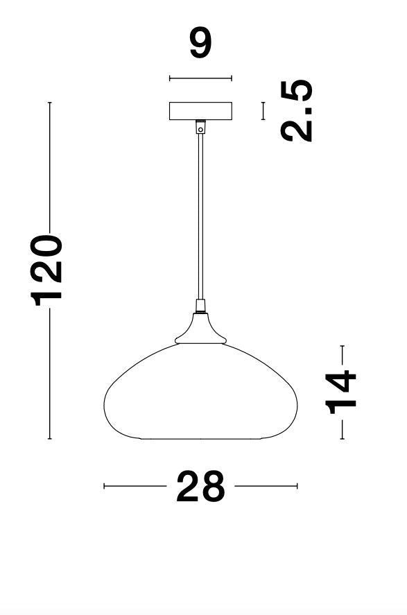 Schéma coté : hauteur totale 120 cm, diamètre 28 cm, abat-jour 14 cm