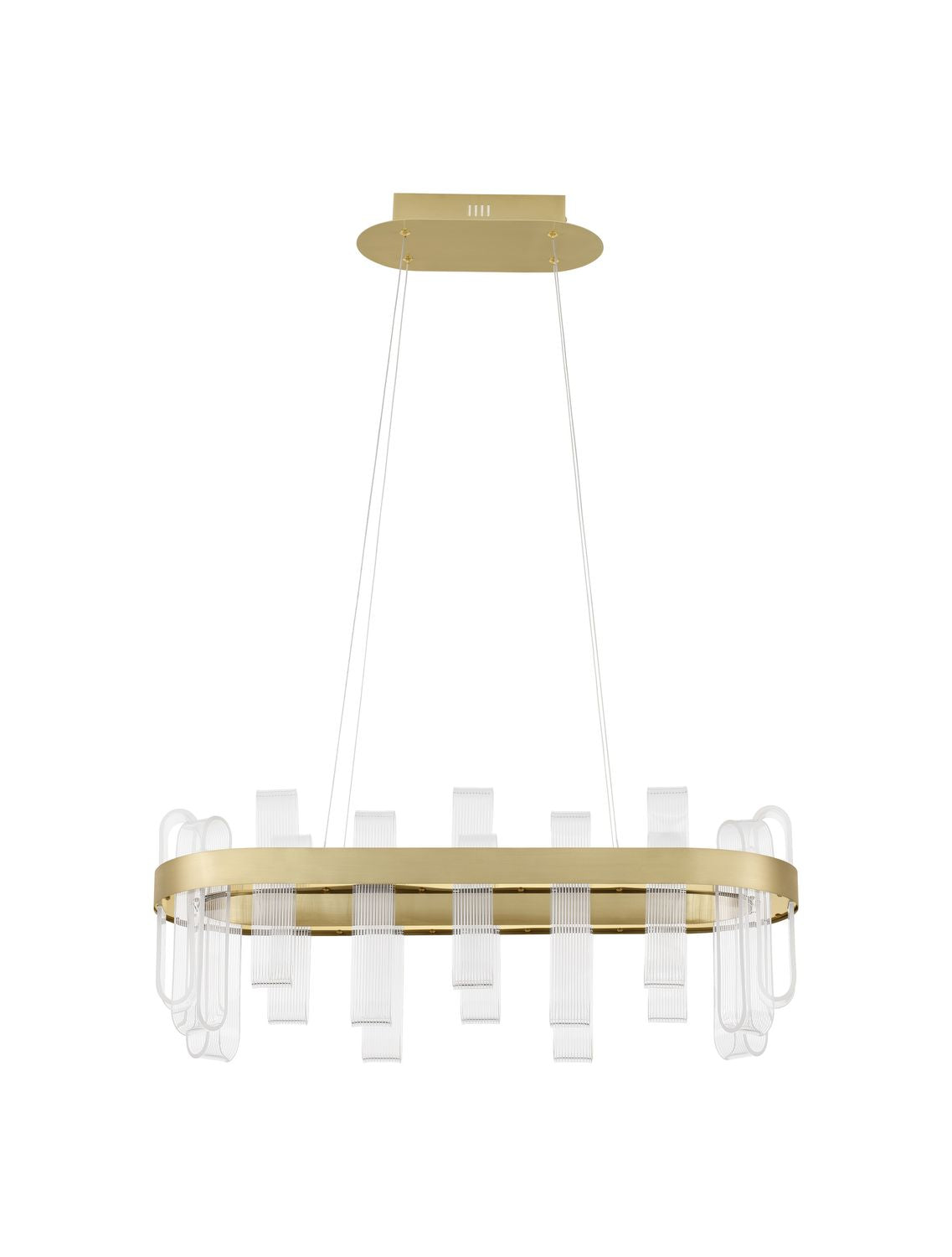 Vue de face du luminaire sur fond blanc, anneau laiton et tubes de verre