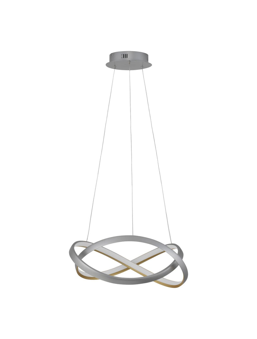 Vue de face du luminaire suspendu sur fond blanc, anneaux croisés