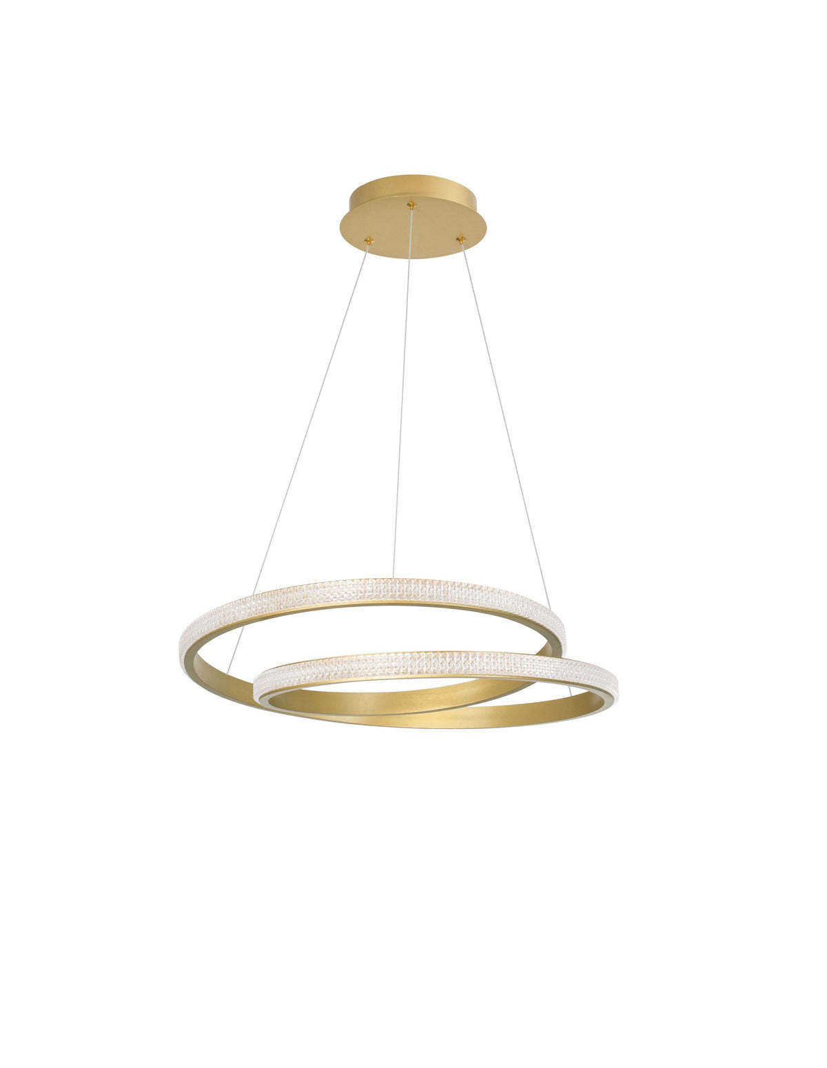 Vue de face du luminaire suspendu avec deux anneaux dorés et câbles.