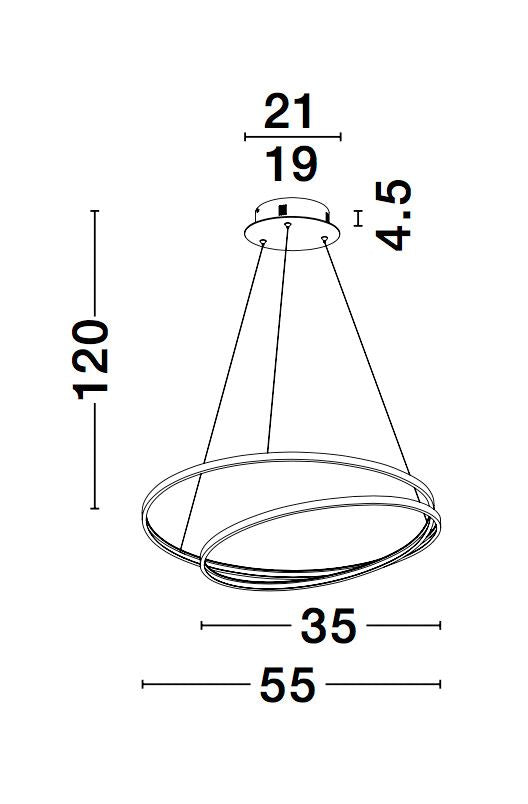 Schéma technique coté du luminaire avec hauteur et diamètres.