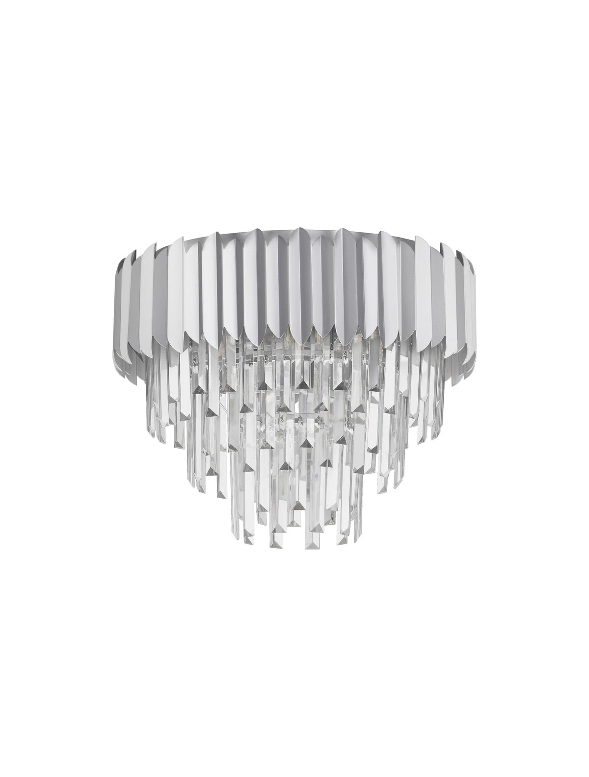 Luminaire présenté de face sur fond blanc, éteint, structure cylindrique chromée