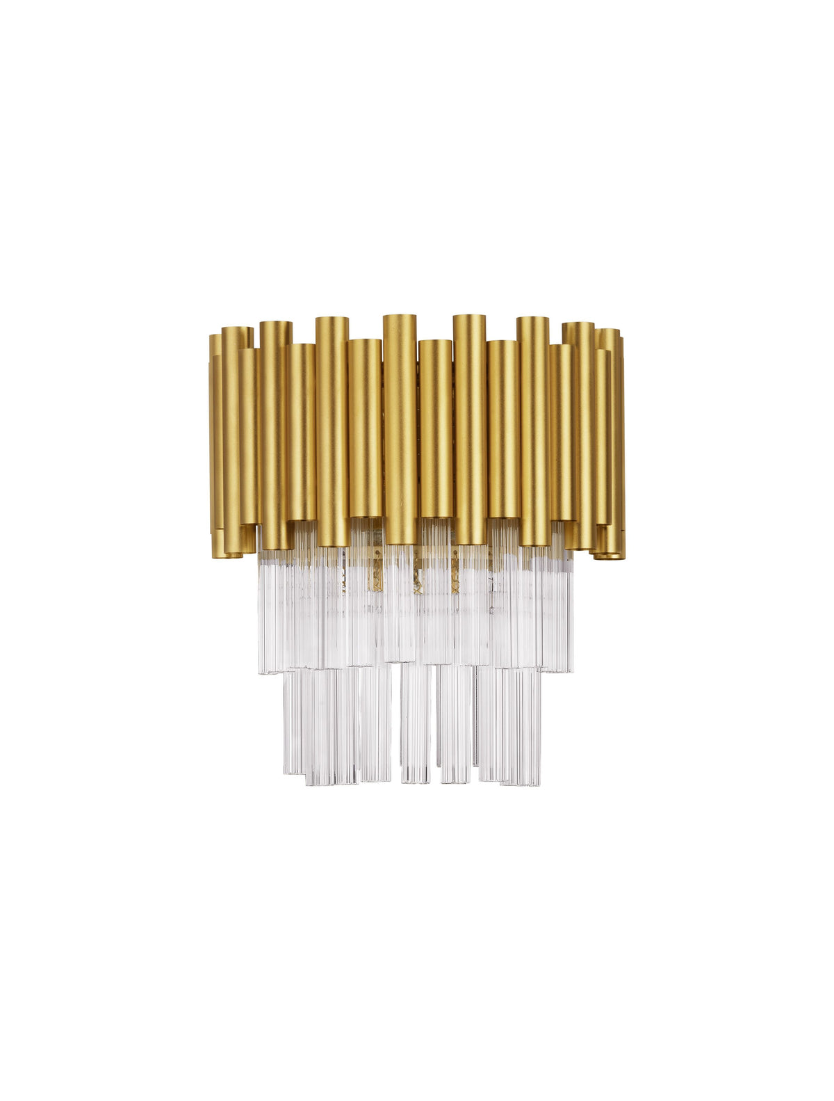 Produit de face sur fond blanc, tubes dorés verticaux et tiges de cristal