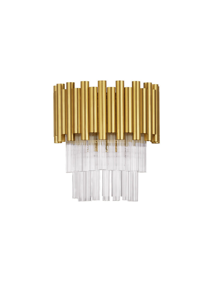 Produit de face sur fond blanc, tubes dorés verticaux et tiges de cristal