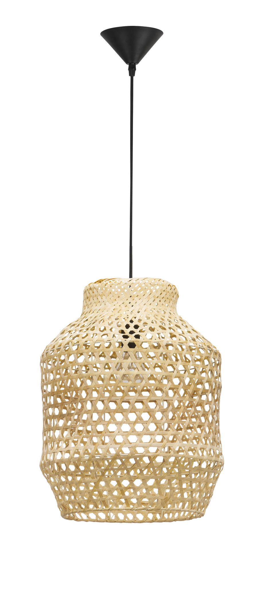 Vue de face du luminaire entier avec son câble noir et sa rosace