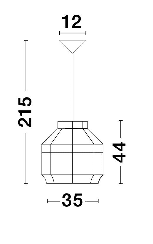 Schéma coté indiquant hauteur totale 215 cm, diamètre 35 cm et hauteur abat-jour 44 cm