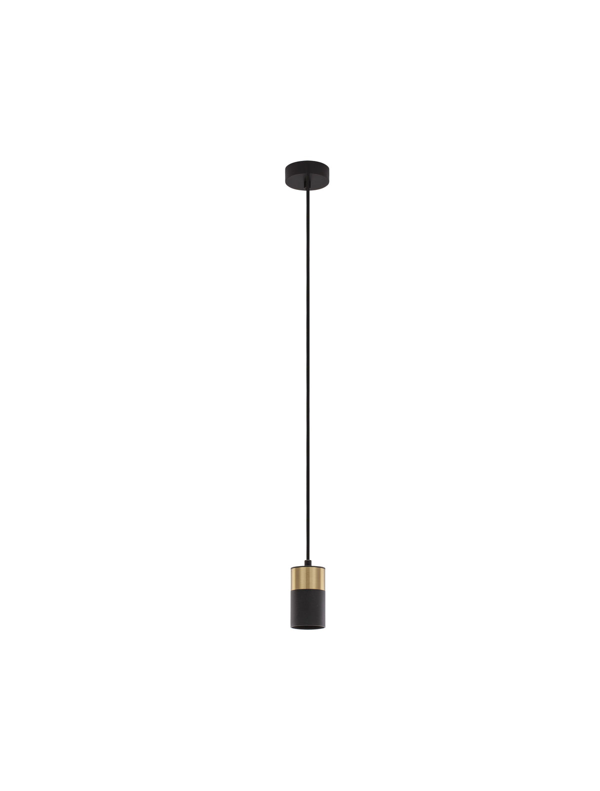 Vue de face du luminaire suspendu, câble noir et rosace sur fond blanc