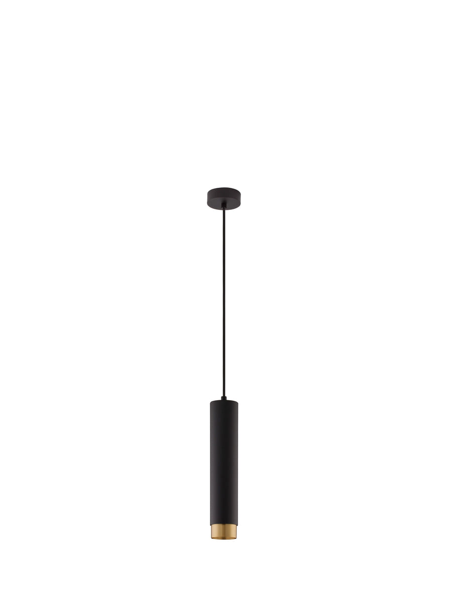 Suspension cylindrique noire vue de face sur fond blanc, finition laiton doré