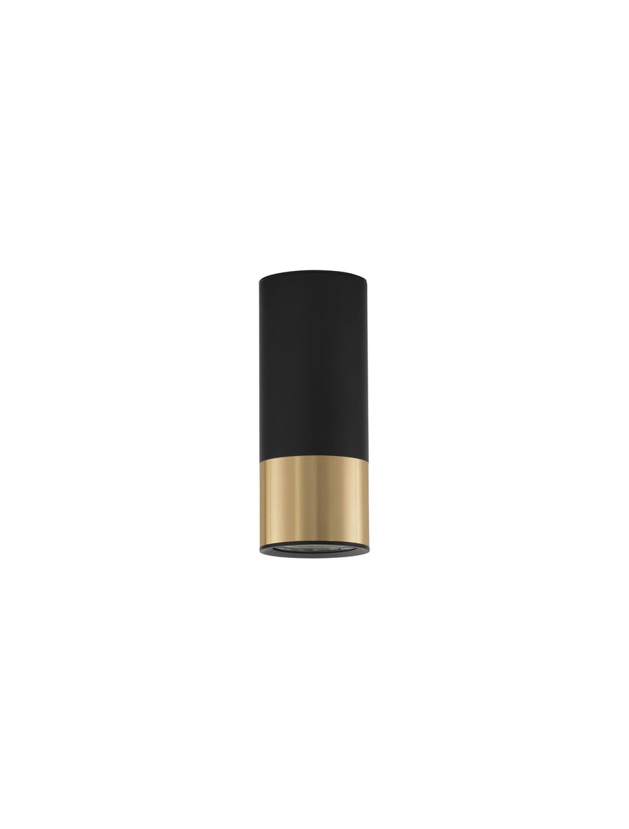 Produit de face sur fond blanc, cylindre noir avec bande dorée en partie basse.