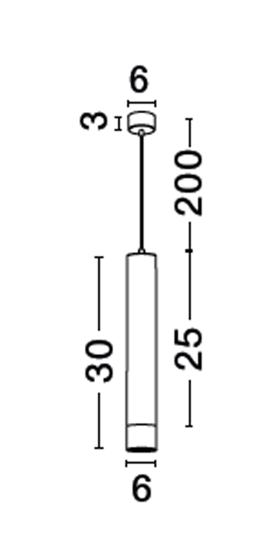 Schéma coté indiquant 30 cm de long, 200 cm de câble et 6 cm