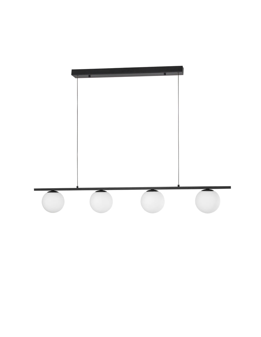 Vue de face du luminaire suspendu avec ses quatre globes et sa structure noire