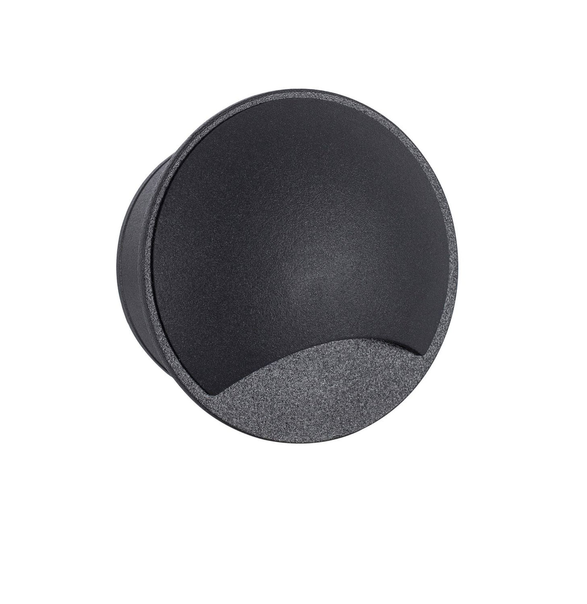 Vue de face du luminaire rond noir, capot fermé sur fond blanc