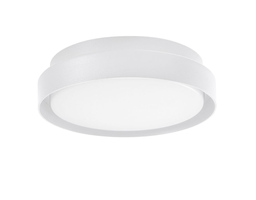 Vue de trois quarts du plafonnier blanc sur fond neutre, anneau et diffuseur opale