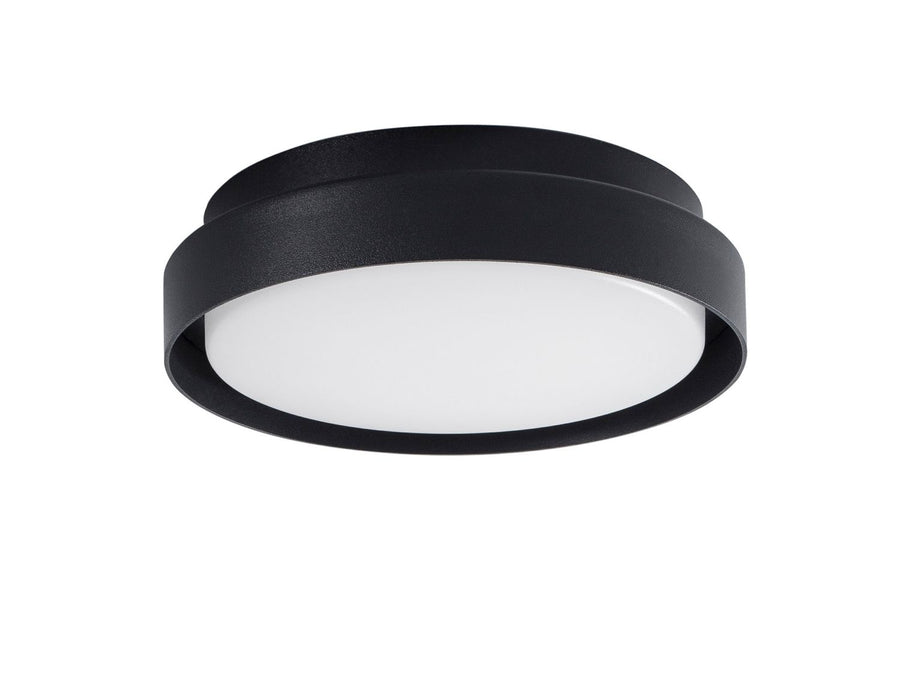 Luminaire rond noir présenté de trois quarts sur fond blanc, diffuseur opalin visible