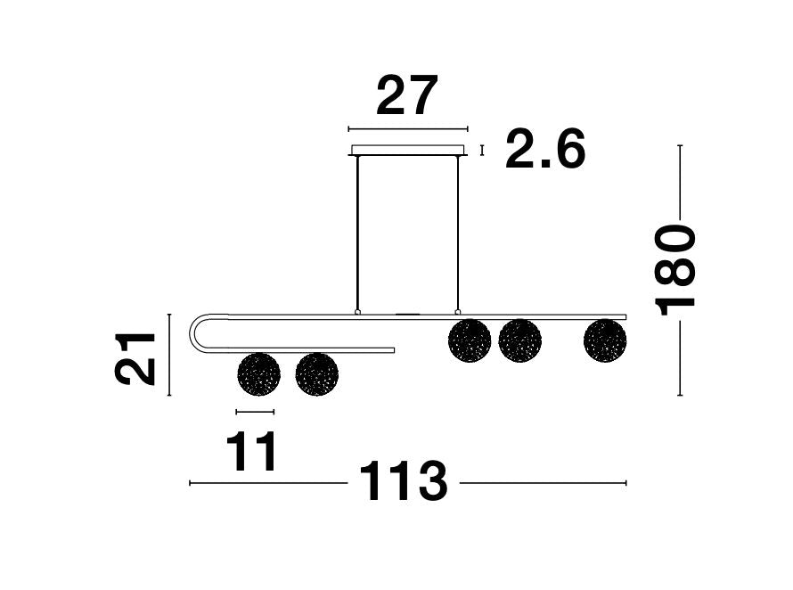 Schéma coté du luminaire : largeur 113 cm, hauteur 180 cm et diamètre des globes 11 cm