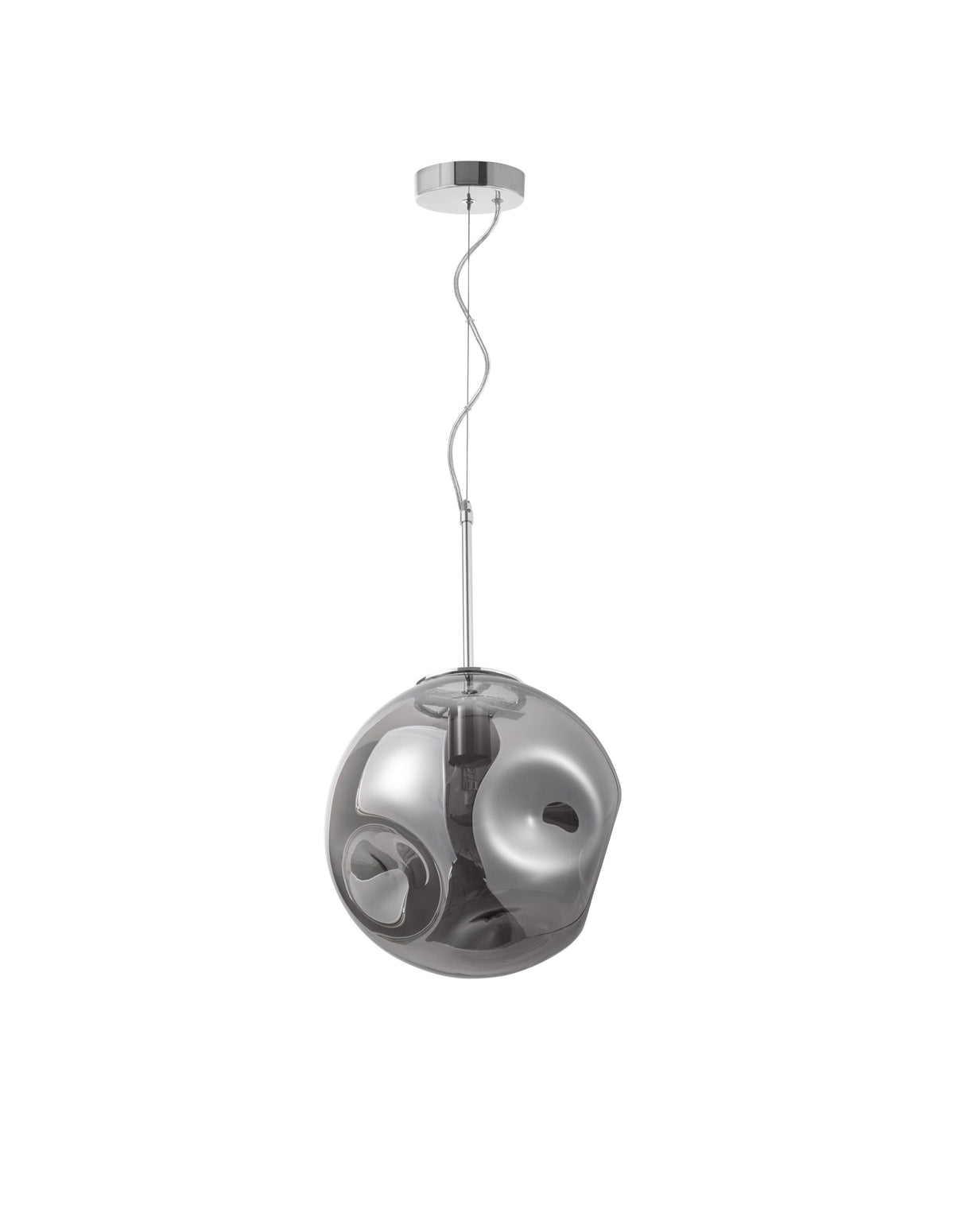 Vue de face du luminaire suspendu avec sa rosace chromée et son câble.