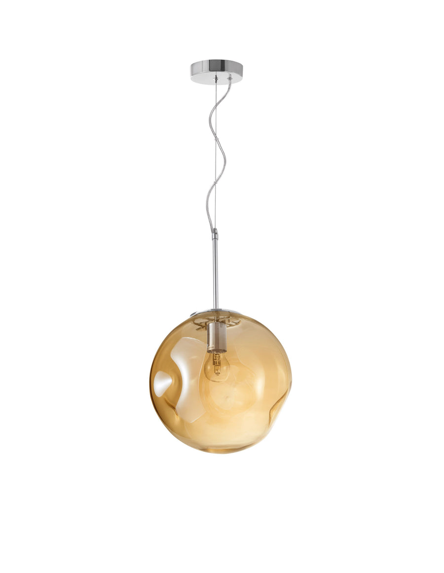 Suspension complète sur fond blanc, câble et rosace chromée apparents.