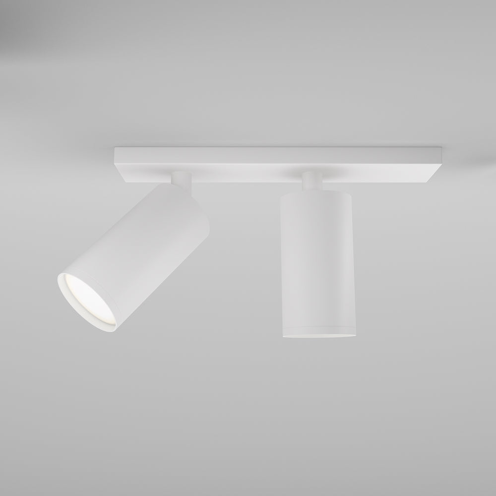 Vue de face du plafonnier blanc, un projecteur incliné et l'autre vertical