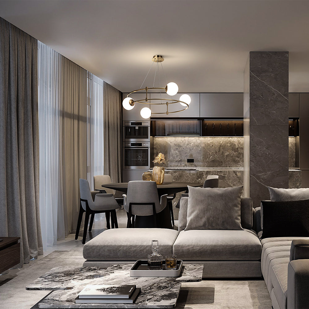 Mise en ambiance dans une salle à manger moderne avec mobilier gris