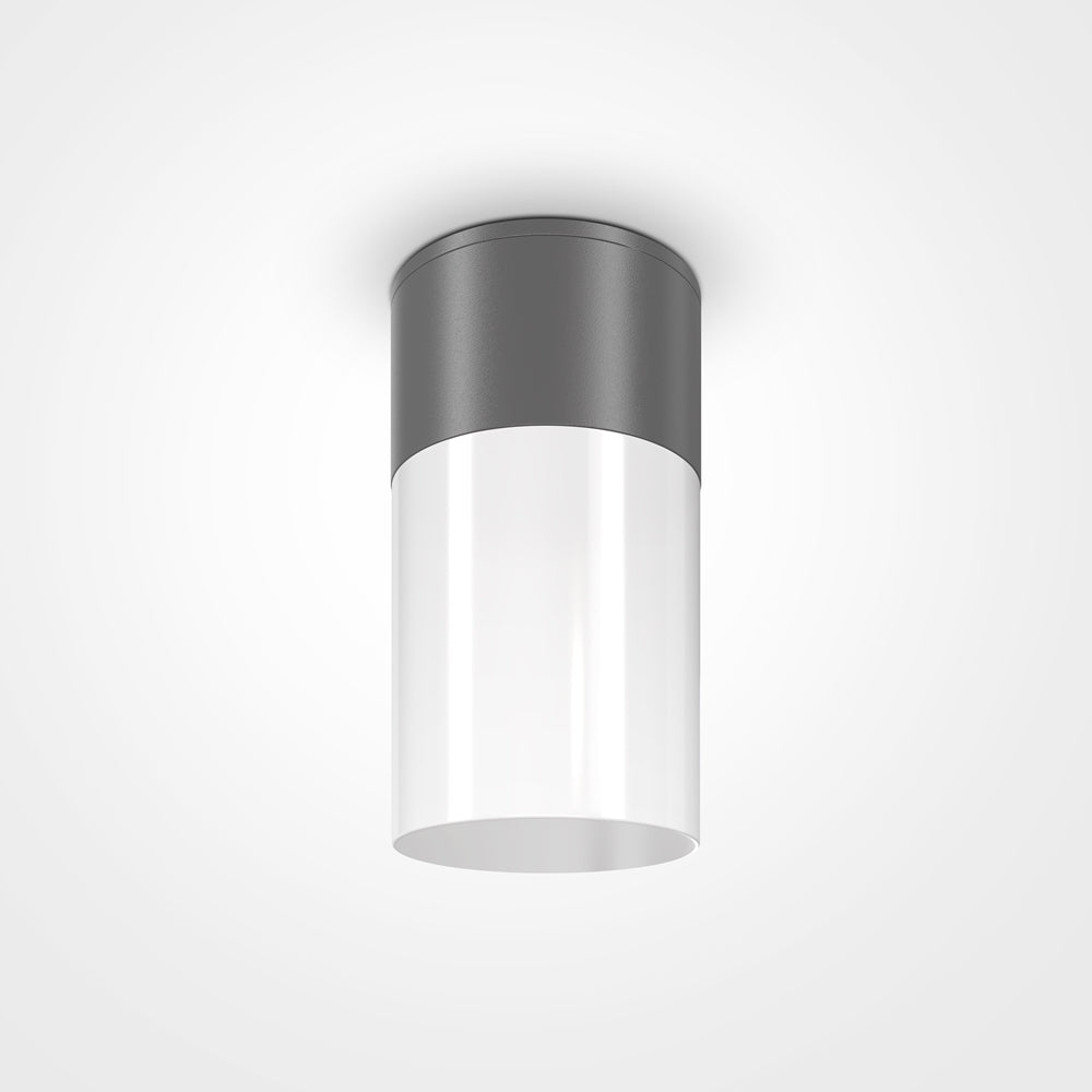 Version plafonnier cylindrique gris et blanc fixée au plafond, vue de dessous