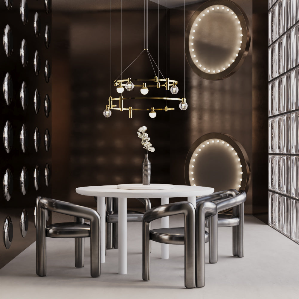 Salle à manger avec luminaire circulaire doré suspendu, mise en ambiance